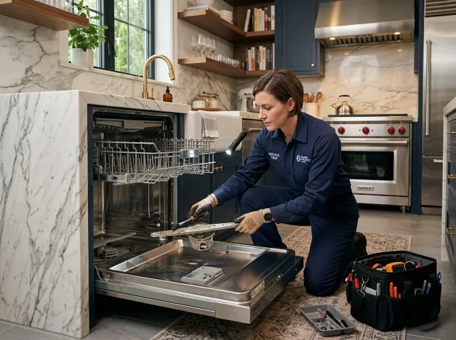 Appliance Repair Hero technician servicing a built-in dishwasher in a Browns Mills, NJ kitchen